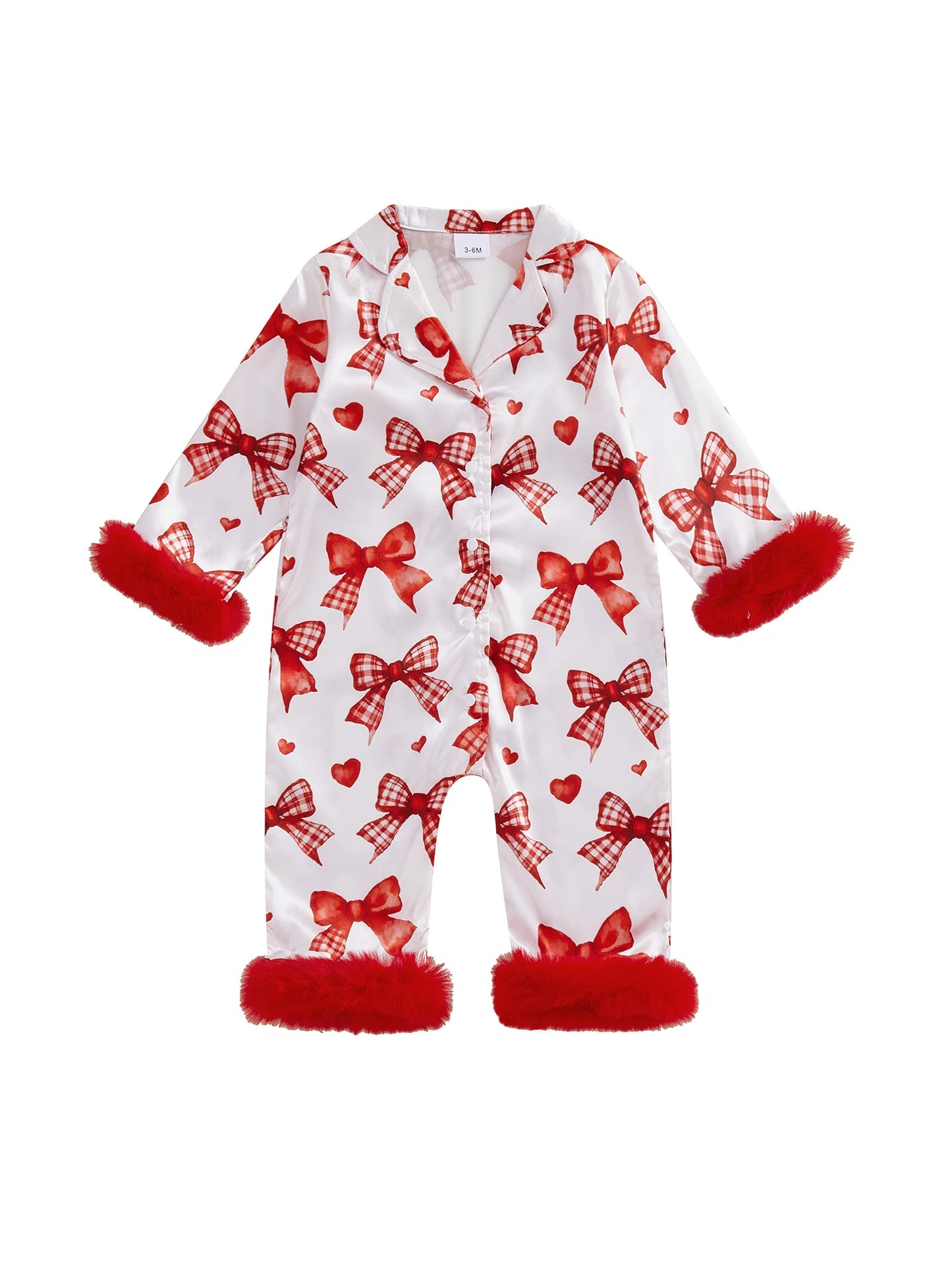 Baby Girls Romper - Heart Print Lapel Collar Jumpsuit with Fur Cuffs