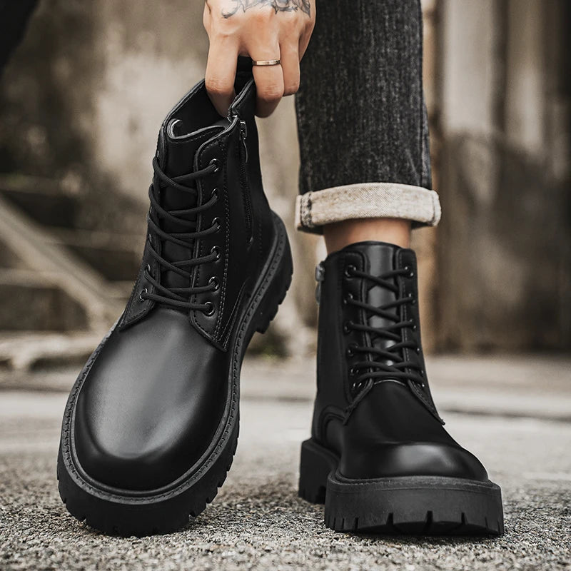 Men's Leather Platform Boots - Thick Sole Motorcycle Sneaker Boots