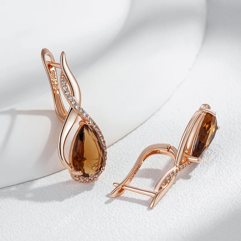 Light Brown Natural Zircon English Earrings for Women Water Droplets 585 Rose Gold Colour