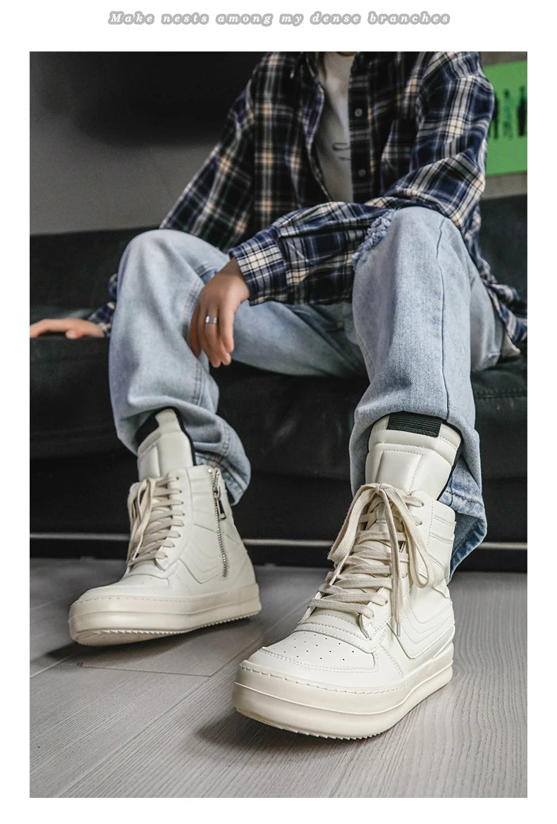 Men's High-Top Leather Sneakers - Lace-Up Ankle Boots