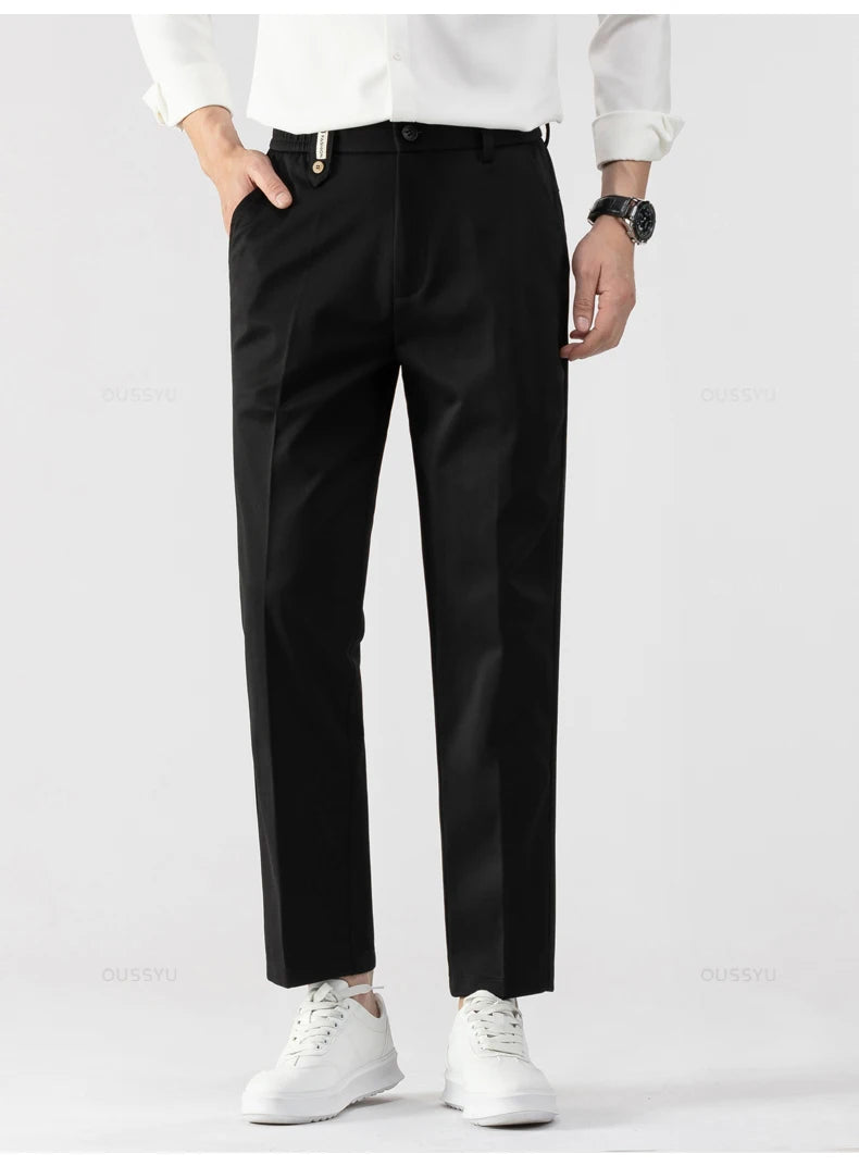 Men's Ankle-Length Straight Leg Trousers | Elastic Waist | Sash Detail | Midweight | All Season | Smart Casual