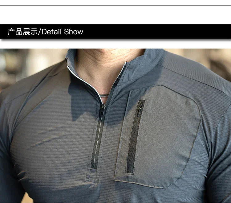 Men's Muscle Workout Sportswear Long Sleeve Running Clothing with Half Zip with Pockets Sports Gym Fitness Compression Shirt