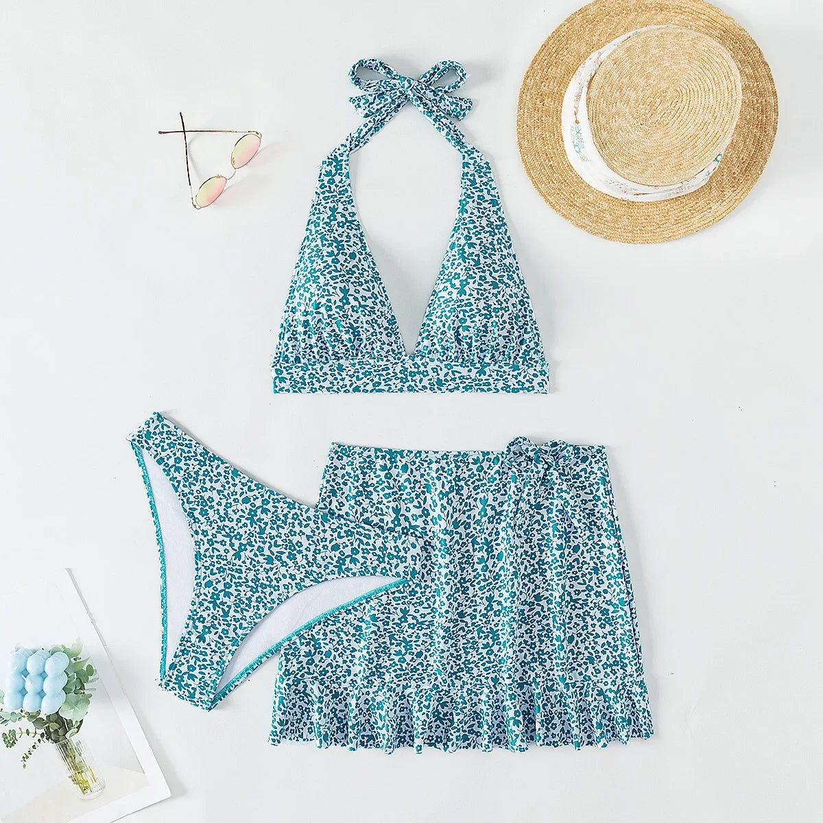 Women's Floral Print Tie Up Backless Bikini Three Piece Swimsuit Set