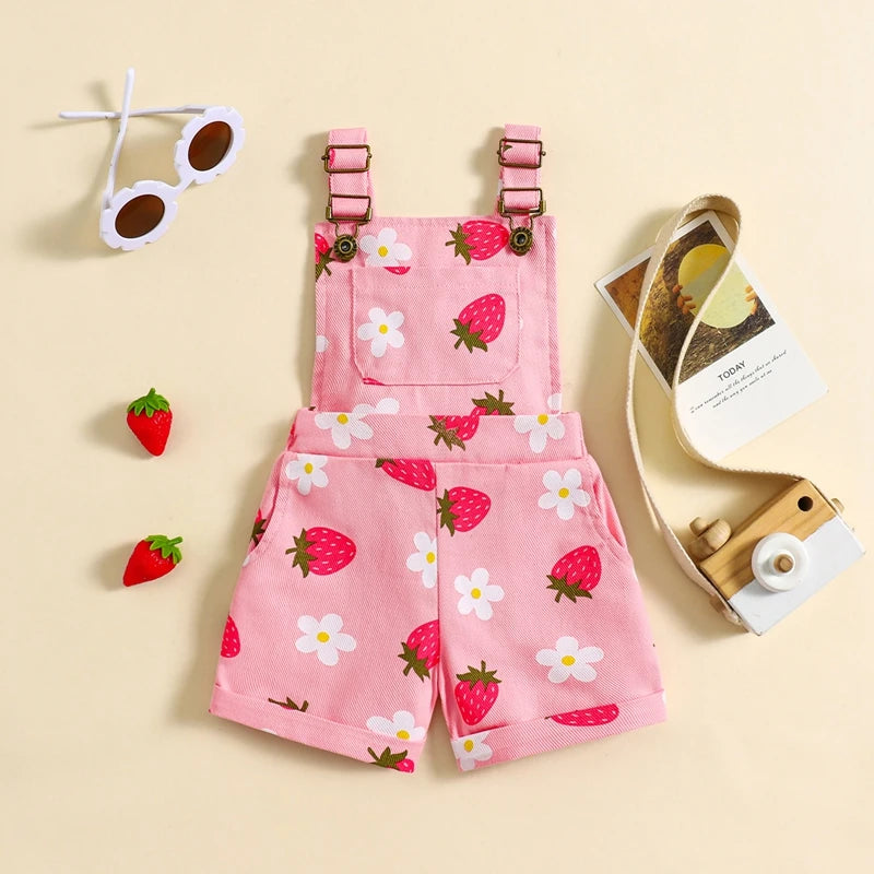 0-6Y Girls Denim Overalls Shorts Sleeveless Flower/Strawberry Print Strap Jeans Suspender Outfit