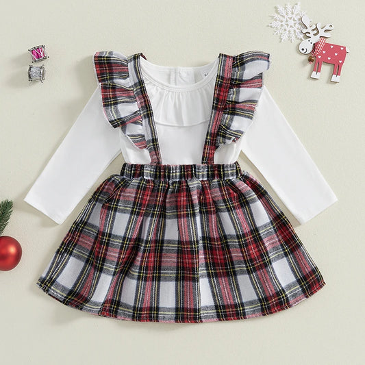 Christmas Ruffled Top and Plaid Suspender Dress Set - Baby Girls 2-Piece Outfit