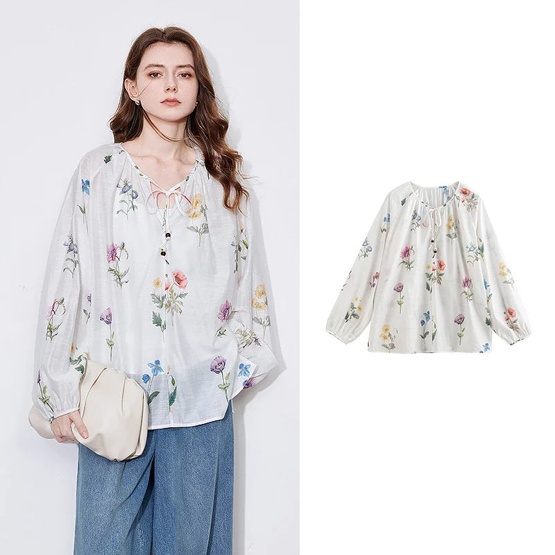 Women's Linen Blend Floral Print Blouse | Lantern Sleeves | O-Neck | Loose Fit | White | Spring Summer