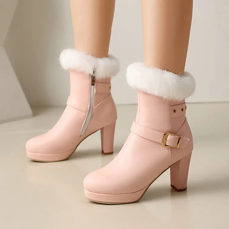 Studded Ankle Boots - 8cm High Heel with Plush Collar and Metal Belt