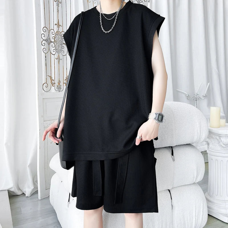 Summer Solid Colour Sleeveless Loose Casual Streetwear Round Neck Vest Set