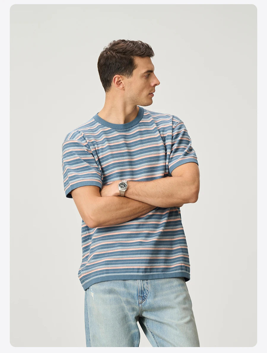 Men's Premium Knitted Striped T-Shirt - 14 Gauge Jacquard Regular Fit