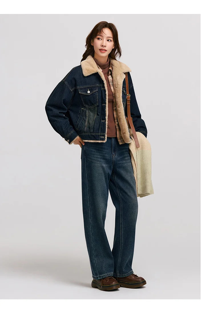 Denim Jacket Women Patchwork Imitation Rabbit Fur Lapel Loose Winter Quilted Jacket