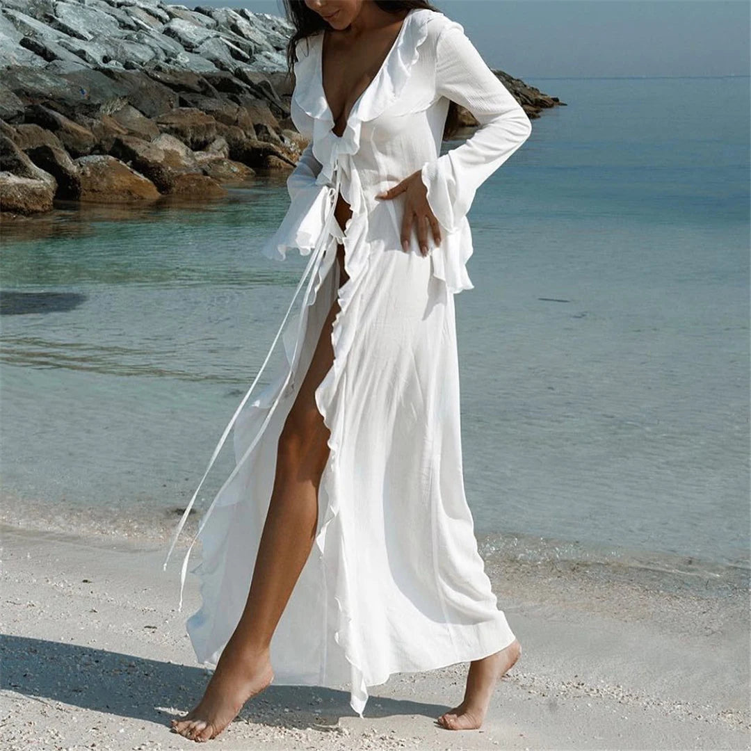 V Neck Ruffled Long Sleeve Chiffon Beach Cover Up Dress