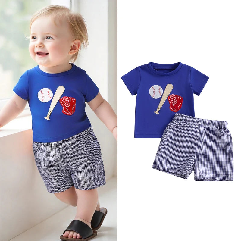 Baby Boys Baseball Outfit Set - Embroidery T-Shirt with Plaid Shorts
