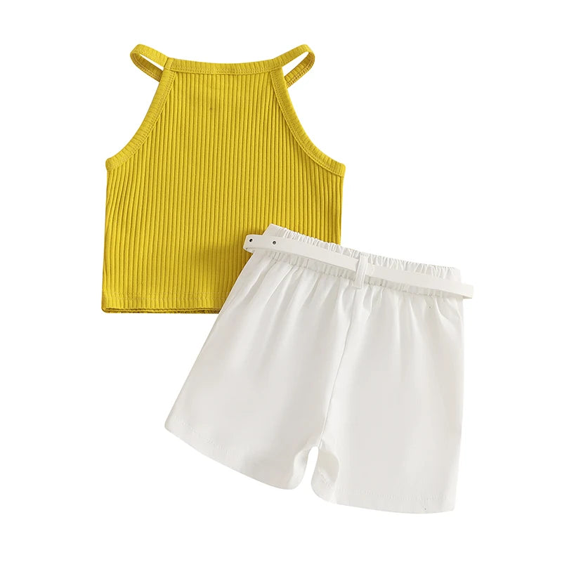 1-5Y Kids Girl's Summer Clothes Set Sleeveless Ribbed Halter Cami Top and Shorts with Belt
