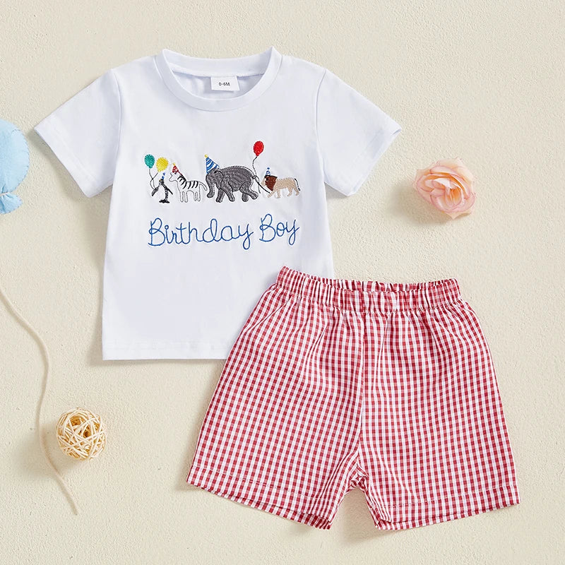Summer Casual Baby Boys Birthday Outfit Set - Letter Animal Print T-Shirt with Plaid Shorts