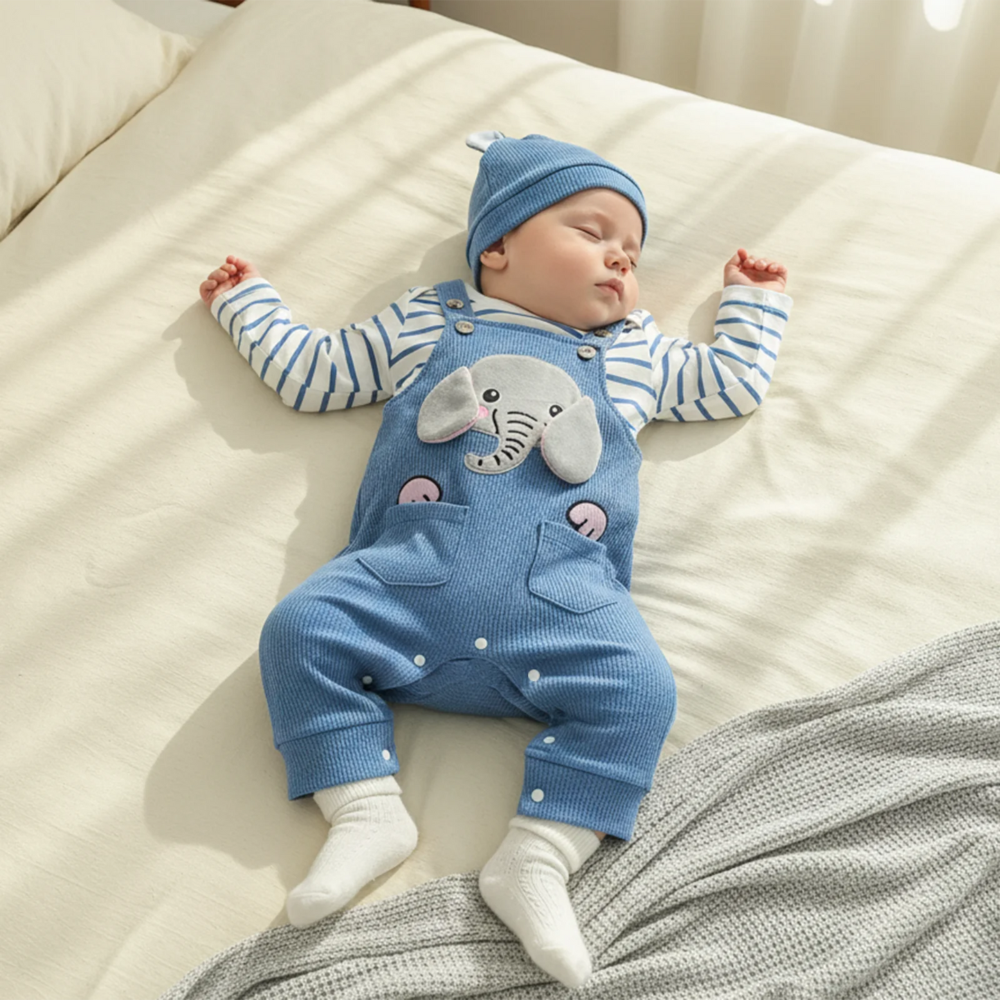 Baby Boys 3-Piece Outfit Set - Striped Romper, Elephant Suspender Pants & Hat