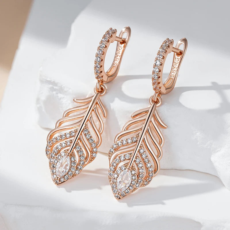 Women 585 Rose Gold Colour Crystal Leaf  Shiny Natural Zircon Vintage Drop Earrings