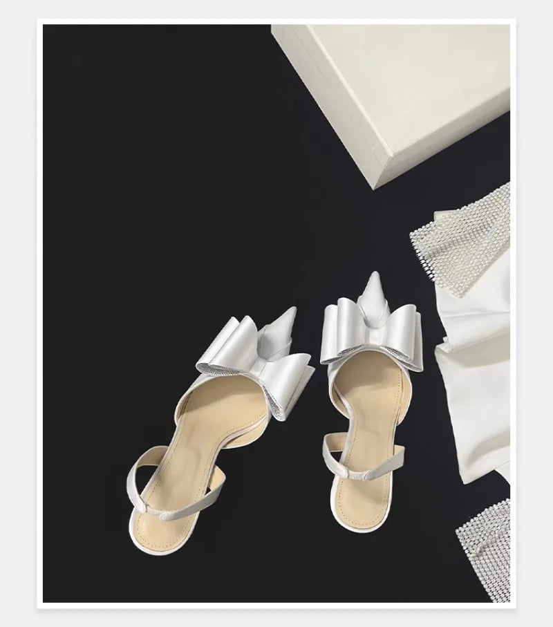 Women's Rhinestone Bowknot Satin Pointed Heel Sandals - Bridesmaid Party Shoes
