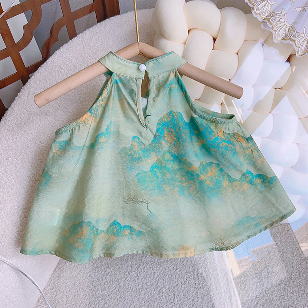 Girls' Set Summer Style Printed Standing Neck Tassel Top and Shorts Two Piece Set
