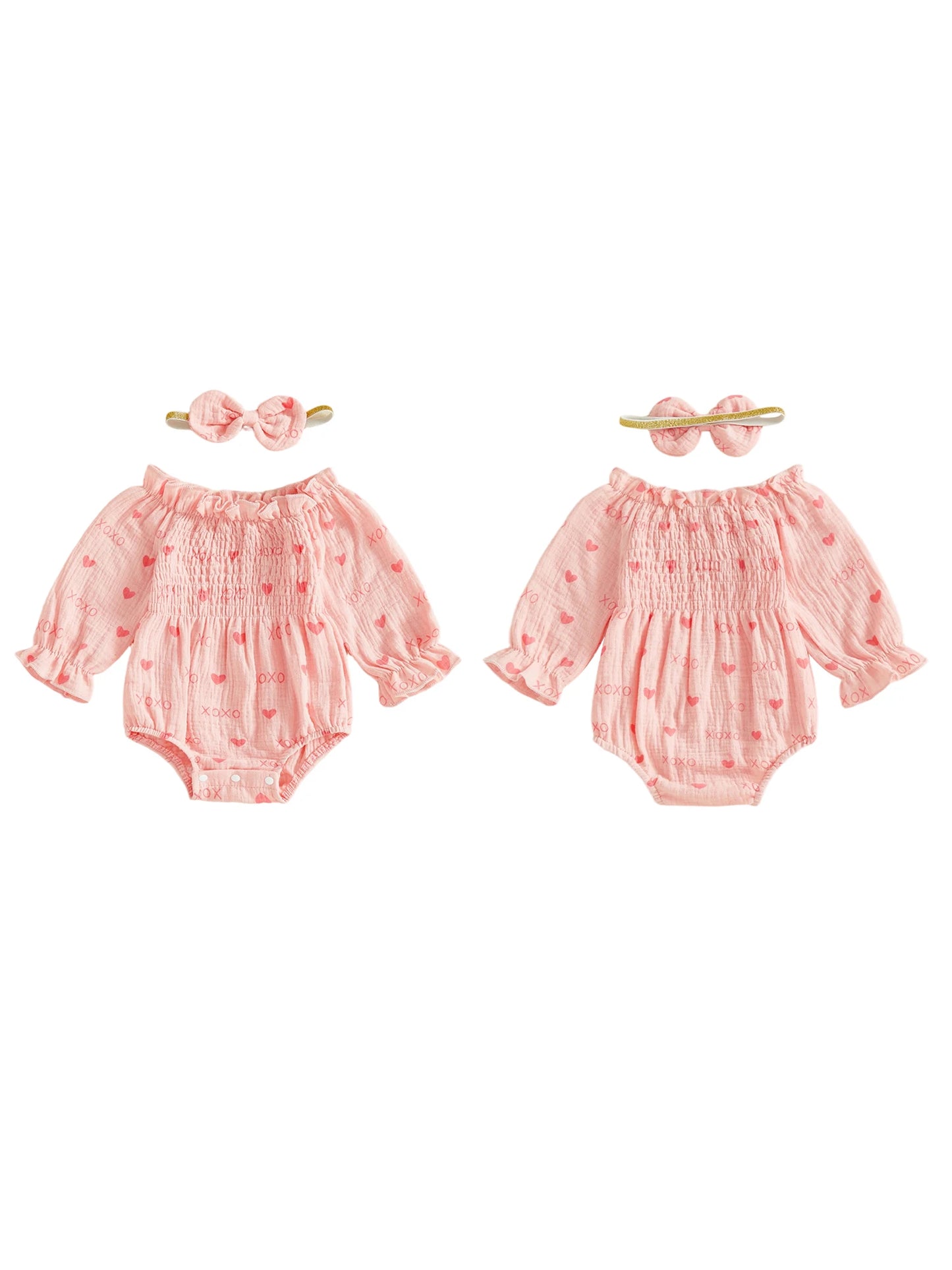Baby Girls Valentine's Day Romper - Heart Print Smocked Jumpsuit with Headband 0-18M
