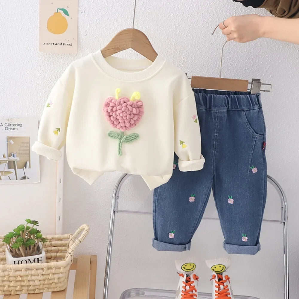 Girl's Clothing Autumn Long Sleeved Round Neck Top and Jeans 2-piece Three-dimensional Flower Spring Outfit Set