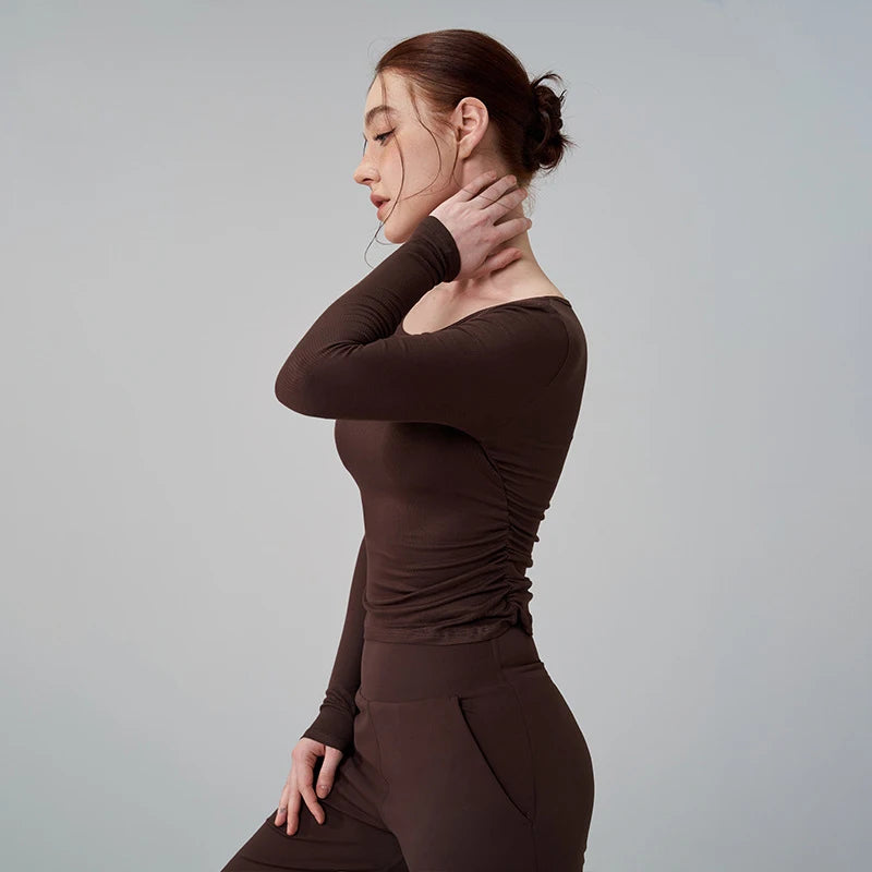 Ribbed Gym Top - Long Sleeve Drape Sides Yoga Shirt with Dry Fit