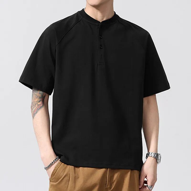 Men's Summer Henry Collar Short Sleeve Cotton Loose Casual Pullover Breathable T-Shirt