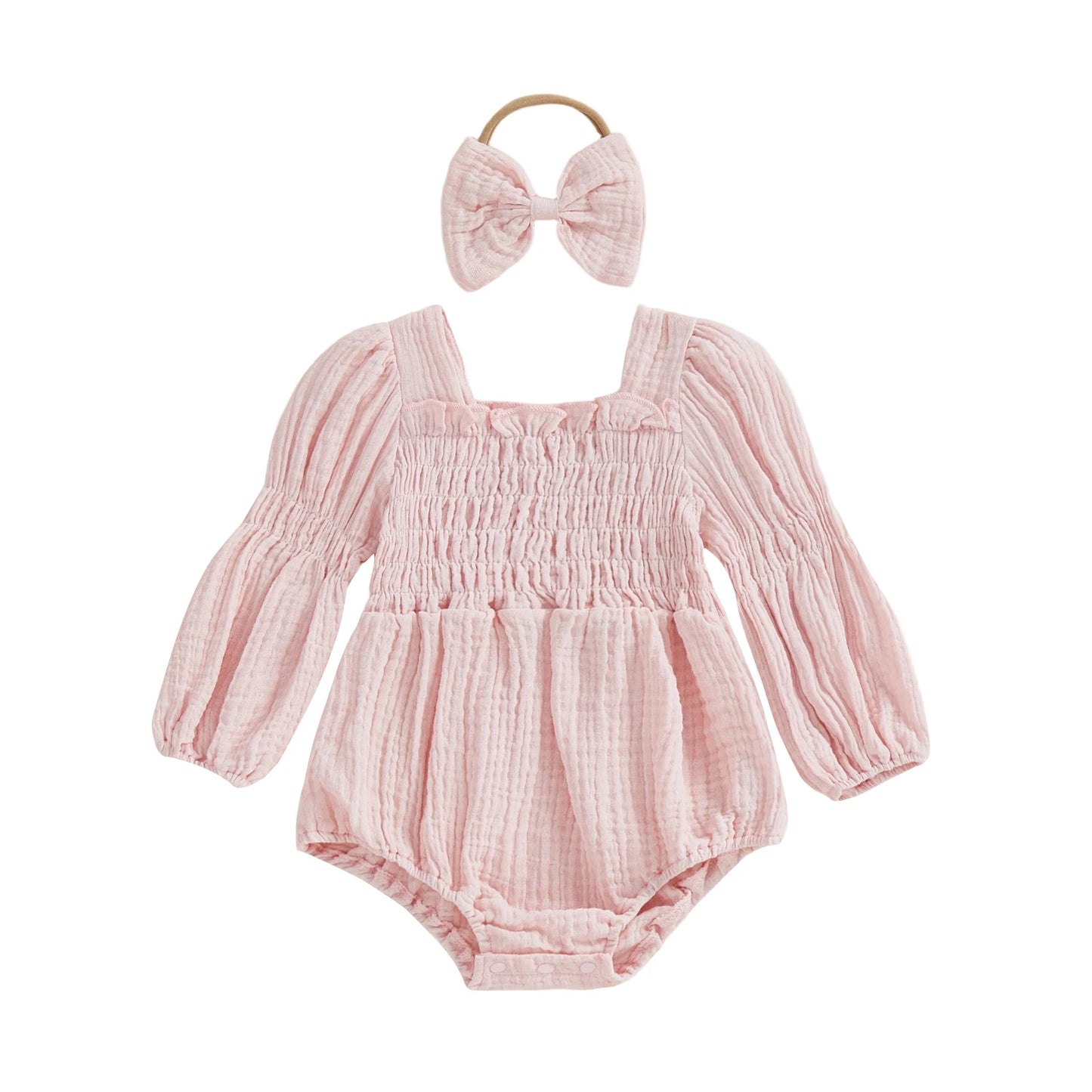 Baby Romper Set - Long Sleeve Smocked Jumpsuit with Headband