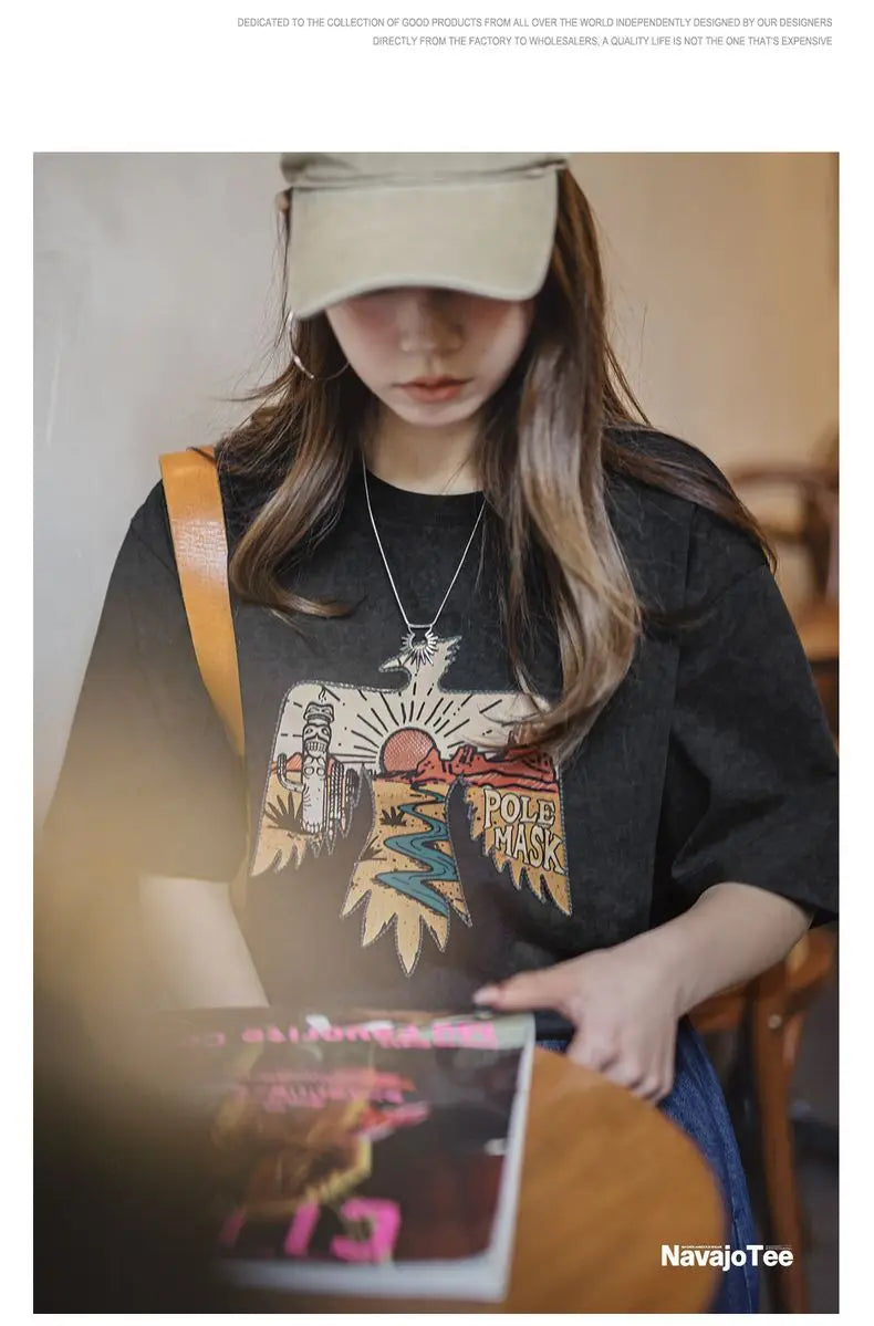 Women's Retro Thunderbird Print T-Shirt - Heavyweight Embroidered Tee