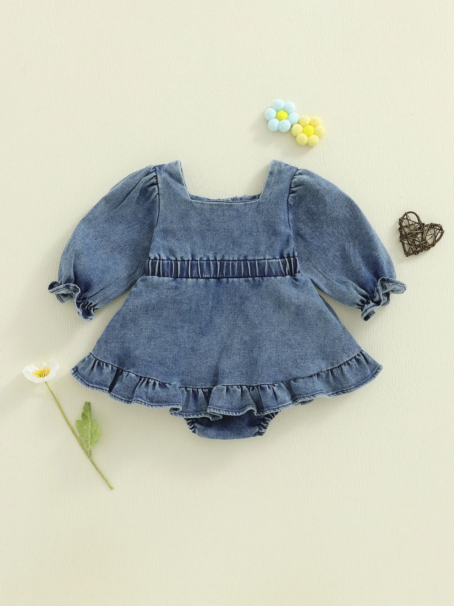 Baby Girls Denim Romper Dress - Square Neck Lantern Long Sleeve Bodysuit (0-24M)