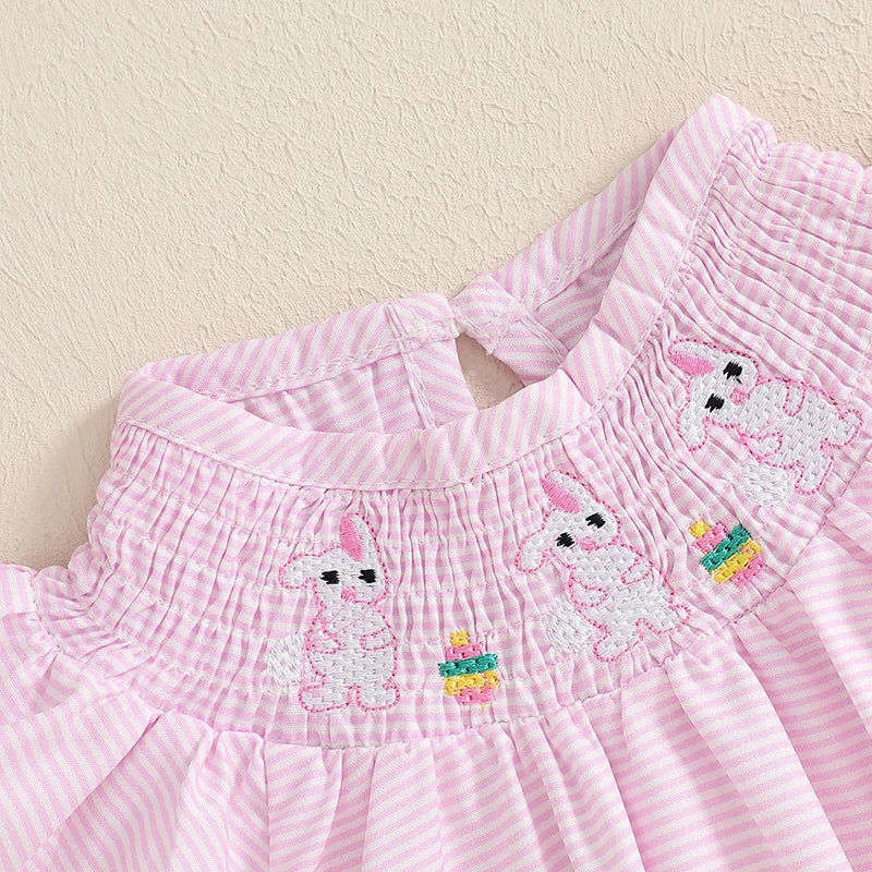 Baby Girls Easter Romper - Rabbit Embroidery Plaid Smocked Jumpsuit