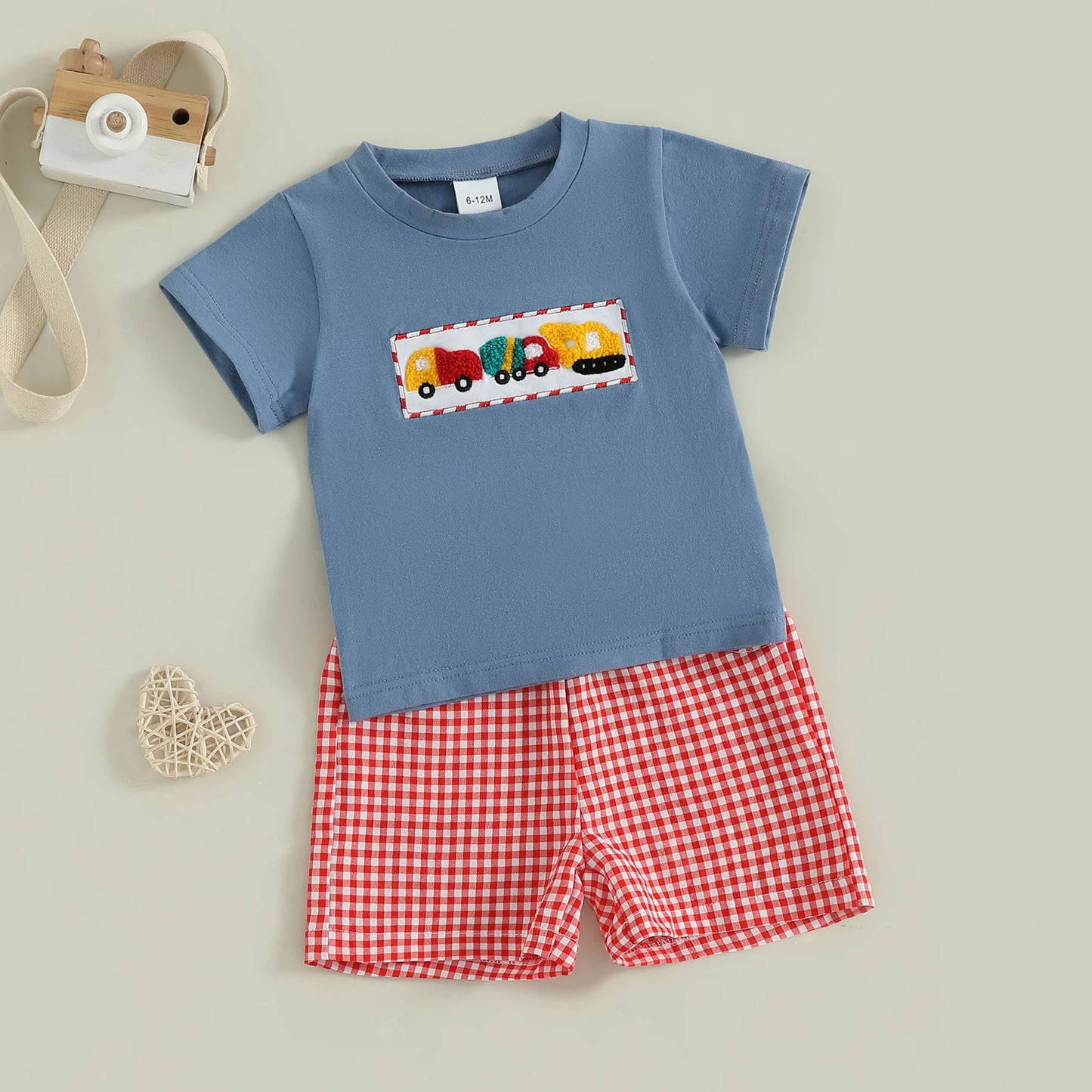 0-4Y Toddler Kids Boys Summer Clothes Sets Car Embroidery Short Sleeve Round Neck T-Shirts Plaid Elastic Waist Shorts