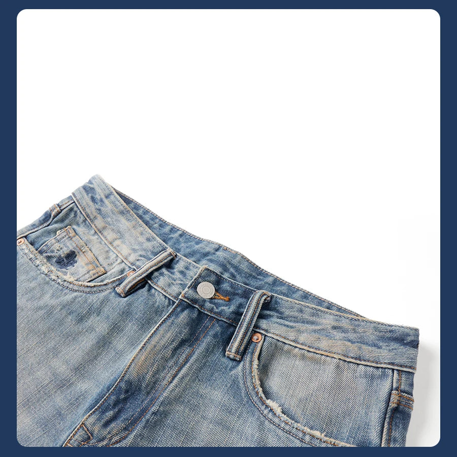 Men's Premium Selvedge Denim Jeans - 14.3oz Cotton Loose Straight Patchwork