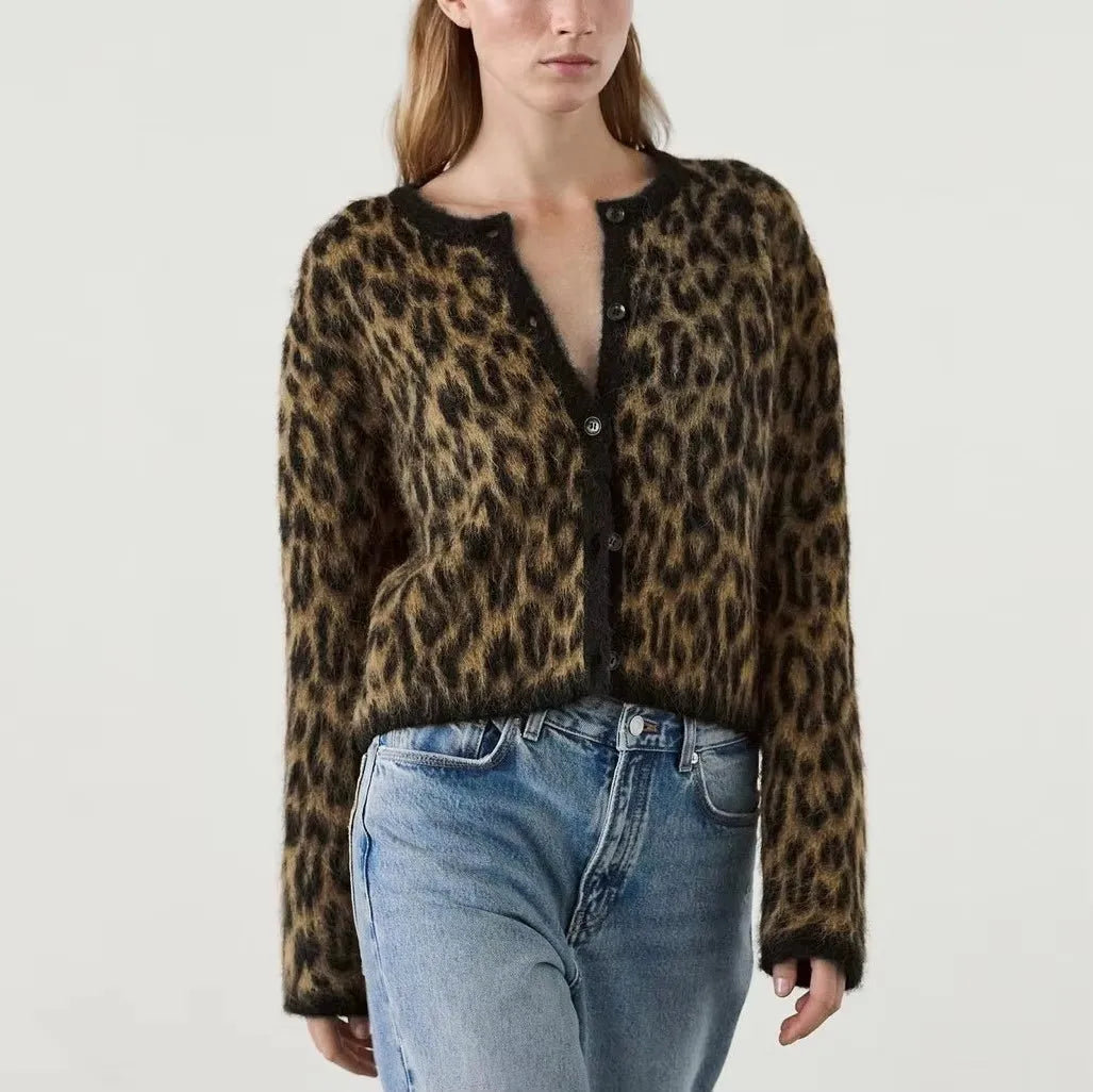 Women's Leopard Print Knit Sweater Cardigan Round Neck Jacquard Long Sleeve Knitted Jacket