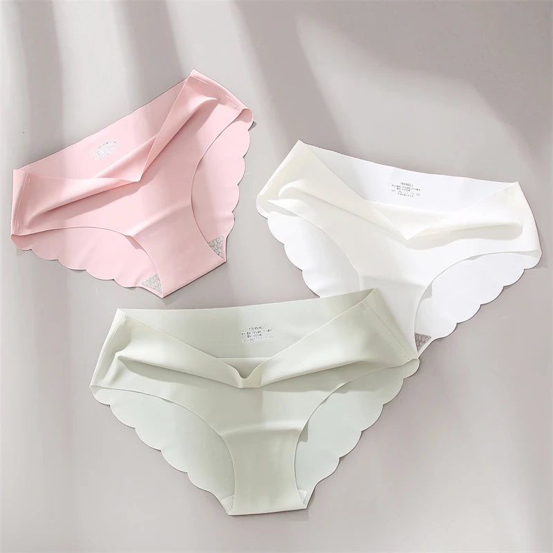 Women's 3Pcs/set Seamless Ice Silk Briefs Wavy Edge Underwear High Elasticity Lingerie