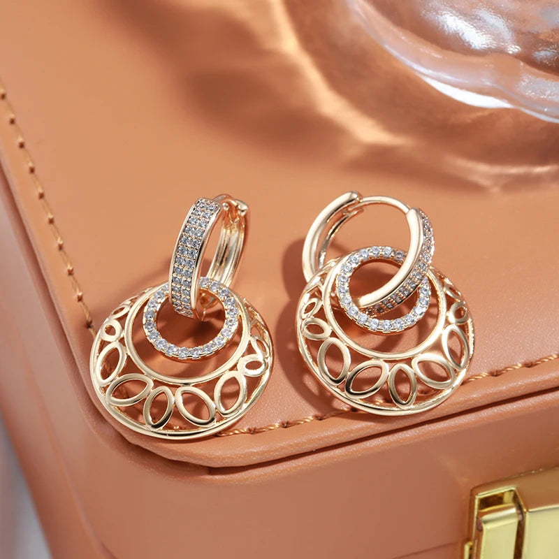 Women's Unusual Metal Sculpture Flower Natural Zircon 585 Rose Gold Dangle Earrings