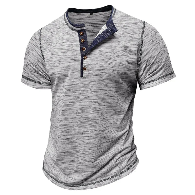 Men's Summer Henry Collar Patchwork Short Sleeve Casual Breathable Pullover T-Shirt