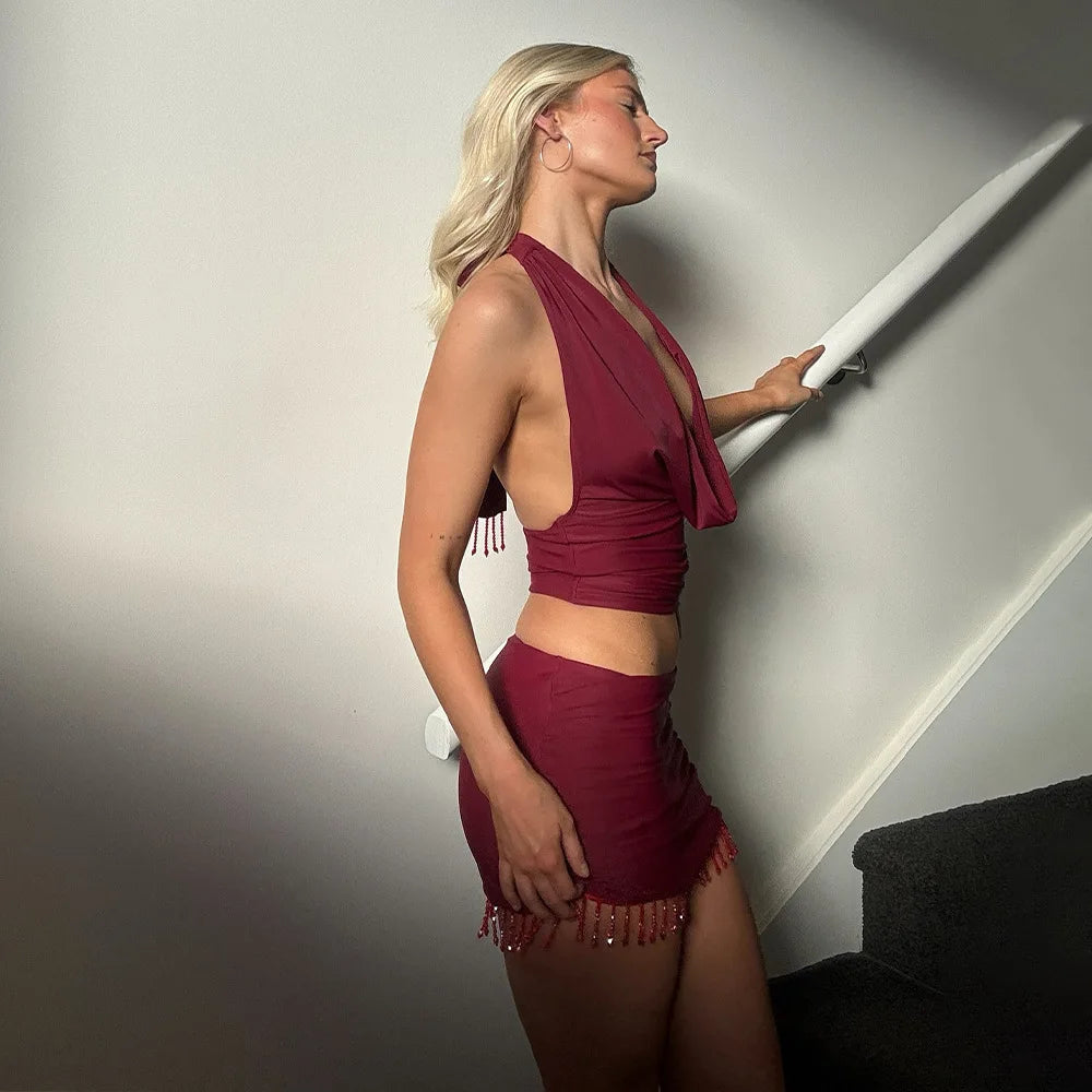 Women's Elegant Ruched Draped Halter 2 Piece Set - Top & Mini Skirt