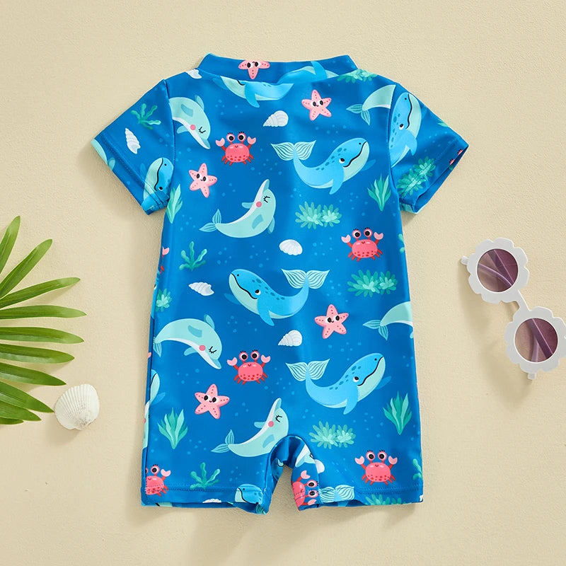 Baby Boys Beachwear 0-3Y Short Sleeve Turtle Dolphin Print Swimsuit Jumpsuit Summer Swimwear