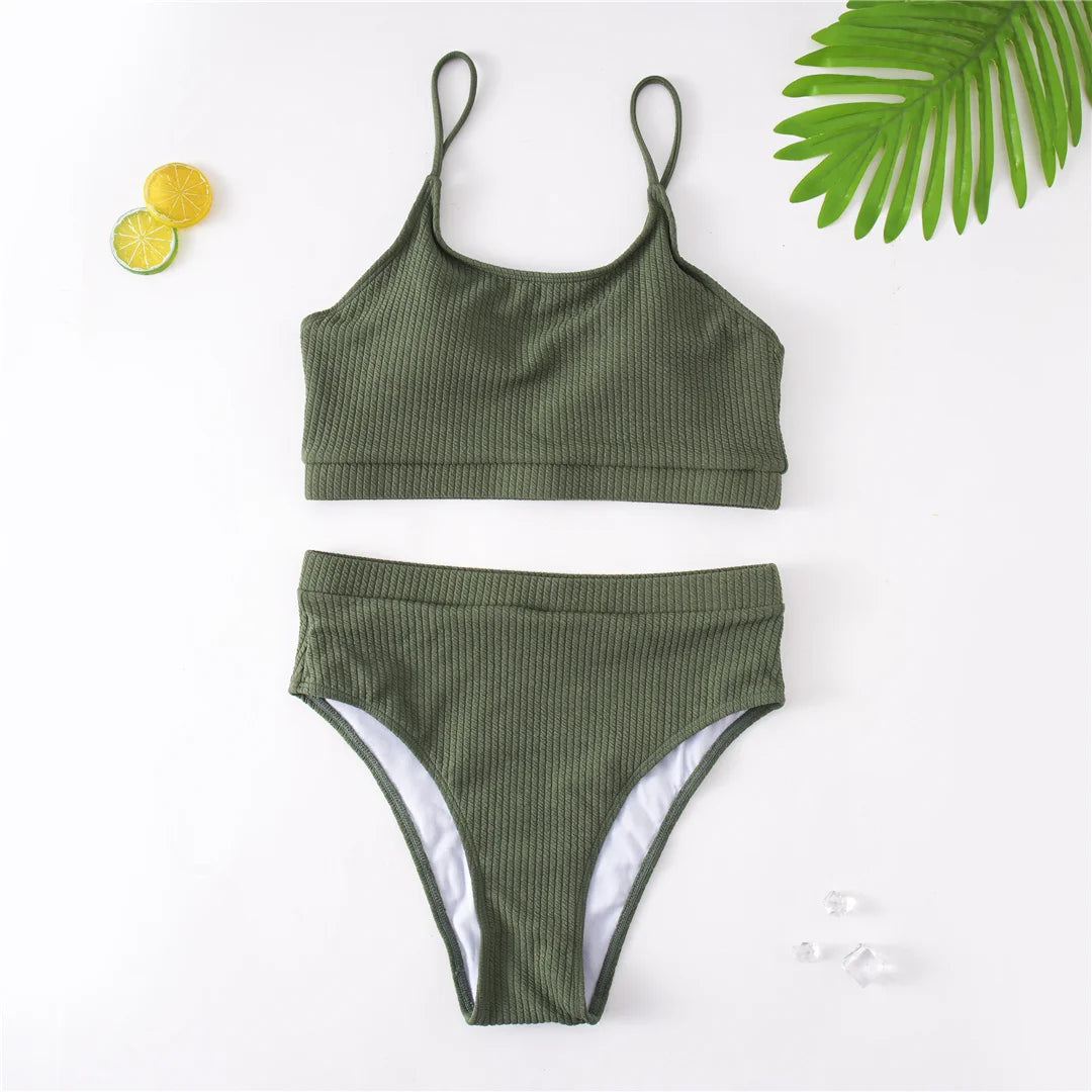 Ribbed Bikini Set - High Waist Two Piece Swimsuit