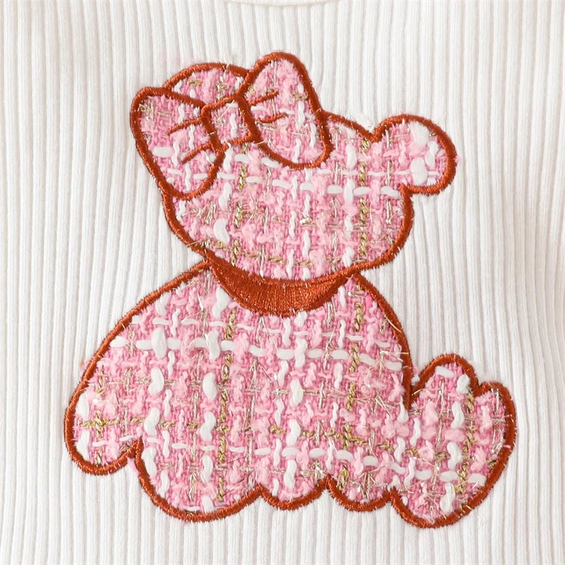 0-18M 3pcs Baby Girls Lovely Clothes Sets Bear Embroidery Long Sleeve Romper Plaid Skirts Headband