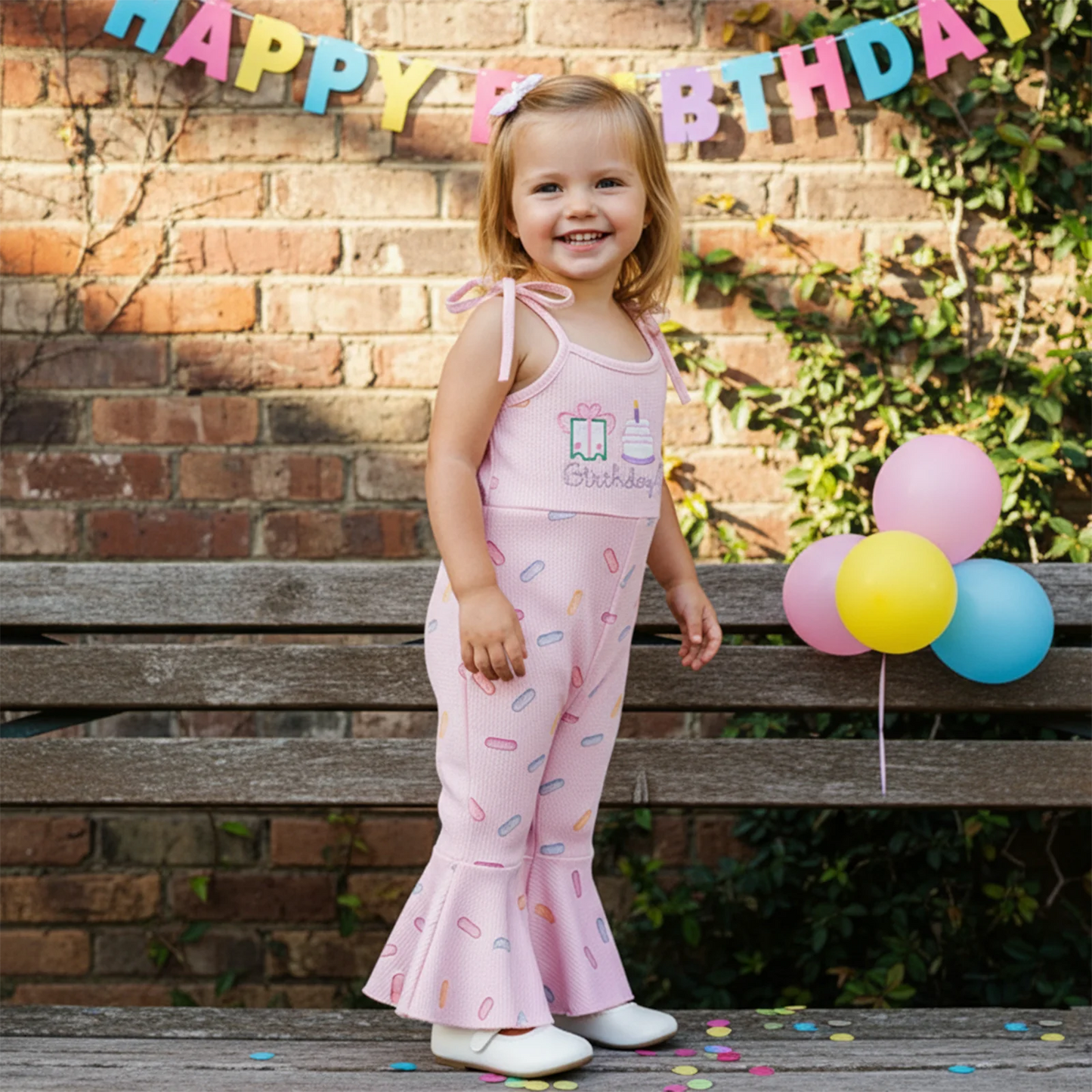 Toddler Girls Birthday Overalls Jumpsuit - Cake Embroidery Sleeveless Bell Bottom Flare Pants