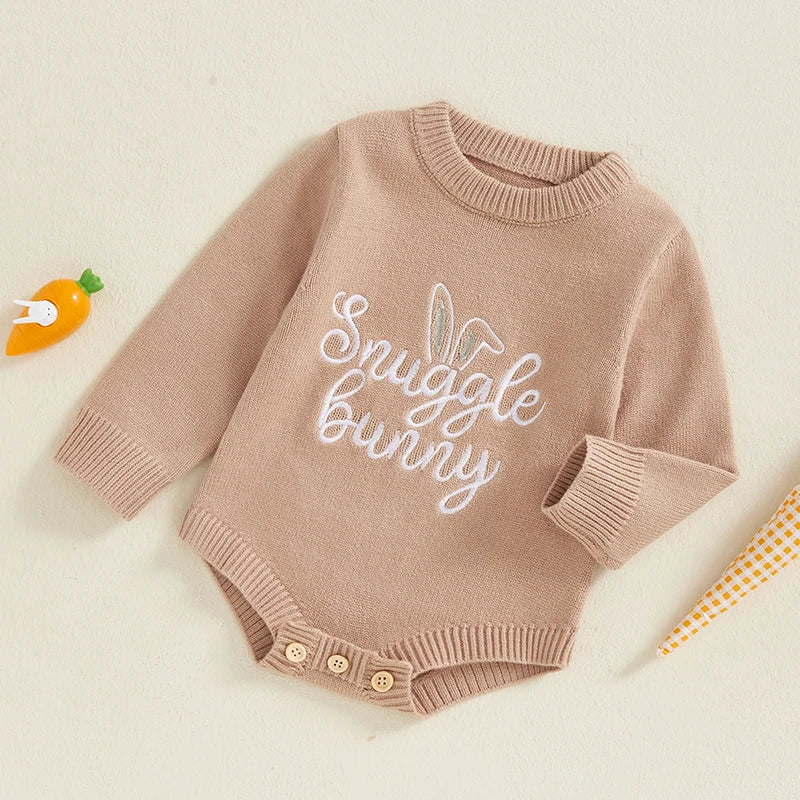 Baby Unisex Knit Long Sleeve Romper | Letter & Rabbit Festival Print | O-Neck | Covered Button | Cotton Blend | All Seasons | 3–18 Months