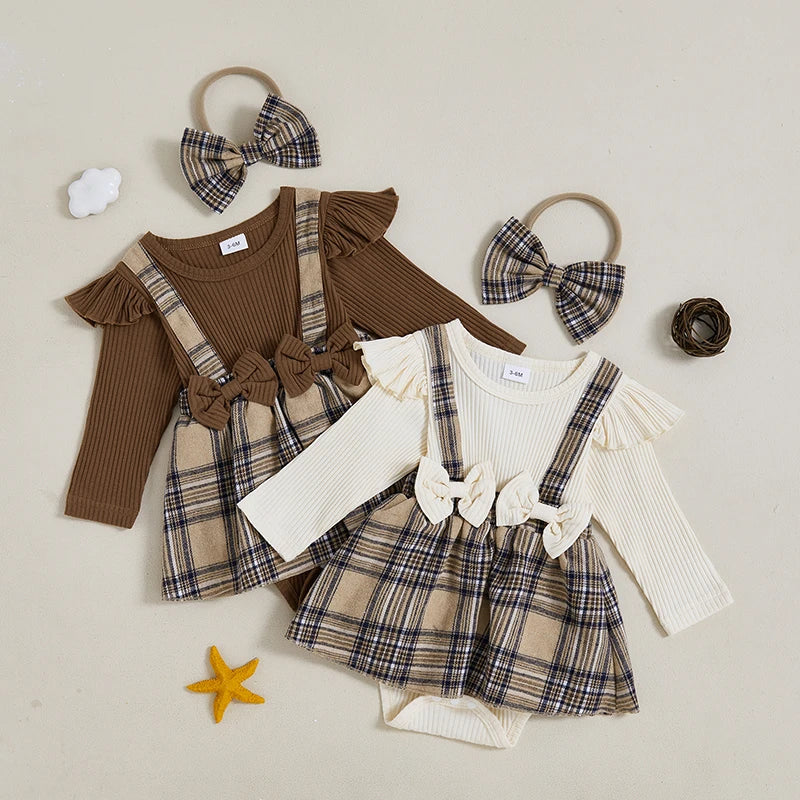 0-18M  Baby Girls  Romper Dress Long Sleeve Round Neck Plaid Print Patchwork Bow Jumpsuits with Headband