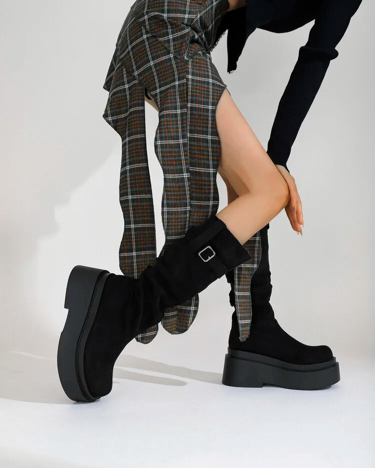 Women's Suede  Round Toe Knee High Buckle Pleats Boots