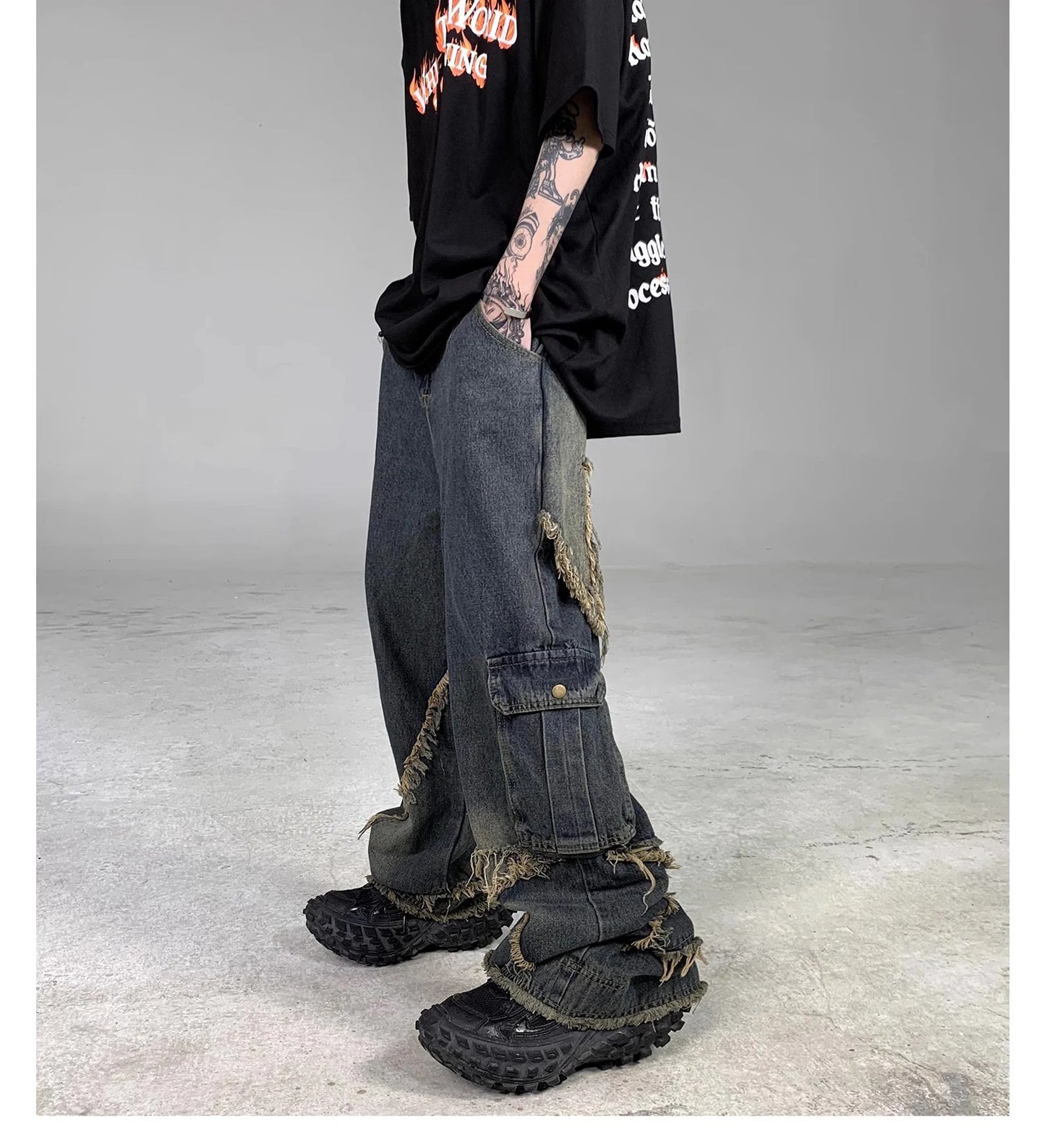 Men's Vintage Baggy Jeans Star Patchwork Loose Straight Denim Jeans