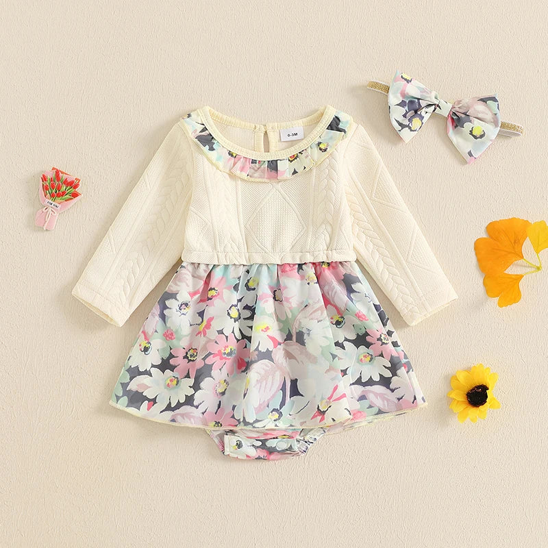 0-18M Baby Girl 2Pcs Fall Romper Dress - Long Sleeve Floral Print Knit Jumpsuits with Headband