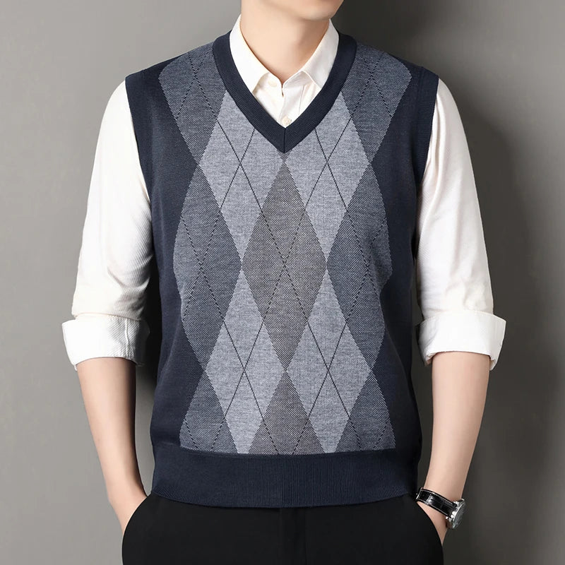 Autumn Winter Argyle Plaid Knit Vest - Fleece Sleeveless Waistcoat