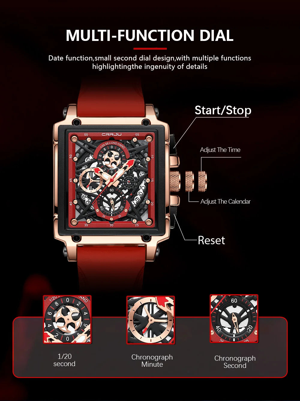 Men's Sports Watch - Large Dial Rectangular Design with Chronograph & Auto Date