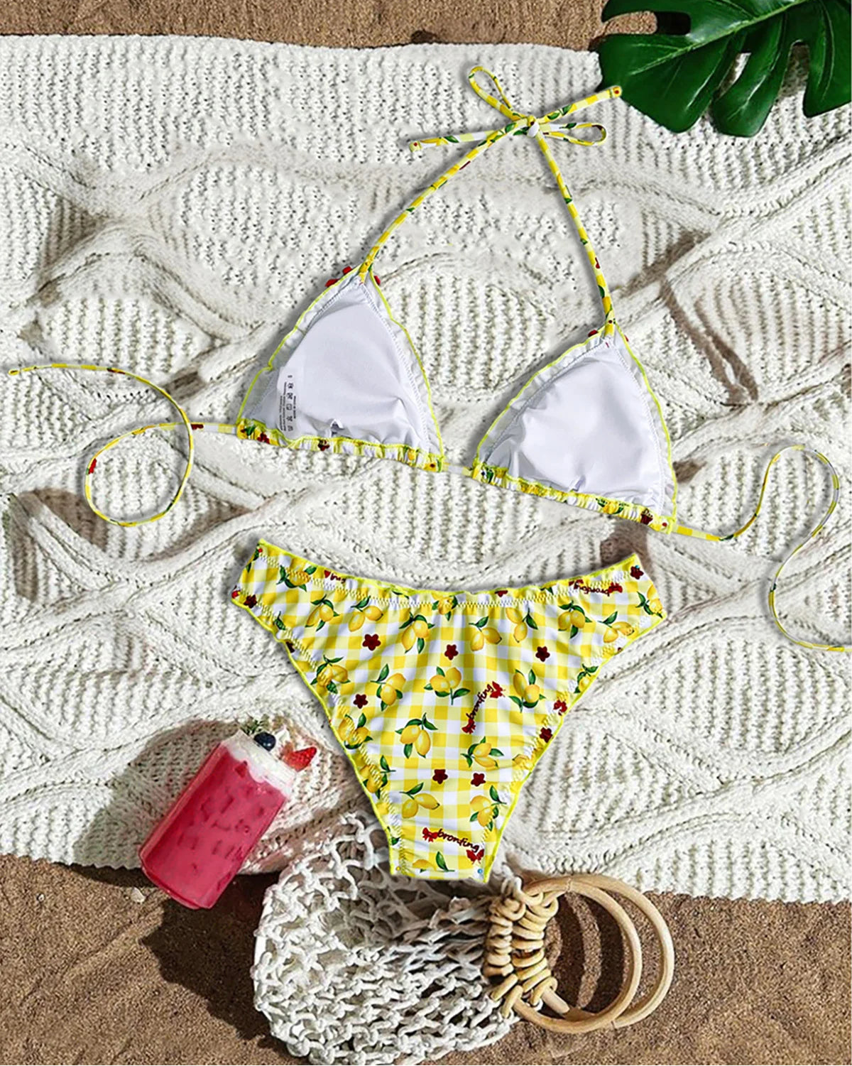 Lemon Print Halter Bikini Set
