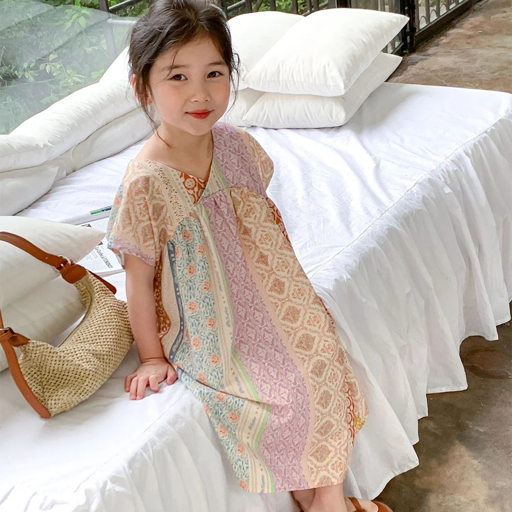 Girl's Summer V-neck Geometric Pattern Printed  Beach Casual Dress